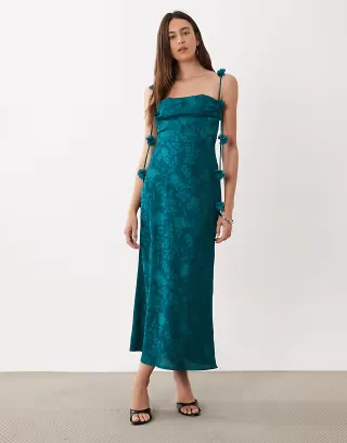 Rare London satin jacquard lace bust petal strap detail maxi dress in teal
