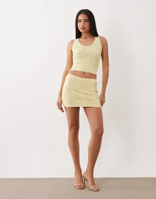 Wanderdoll Eliza metallic knit abstract detail scoop neck top and skirt set in lemon