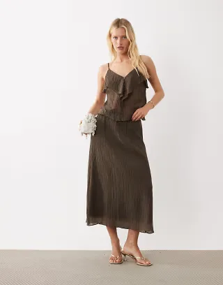VILA crinkle chiffon midi skirt in brown - part of a set