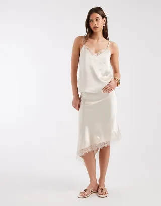 ONLY assymetric satin lace midi skirt in oatmeal - part of a set