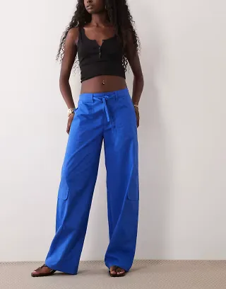 Lioness Venice tie waist pocket detail cargo pants in cobalt