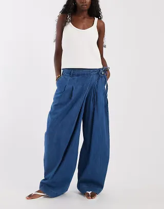 ASOS DESIGN soft wide leg denim pants with wrap waist