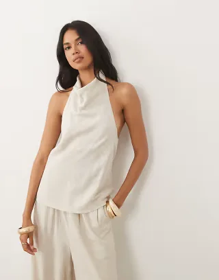 ASOS DESIGN linen blend drapey halter neck top in cream - part of a set