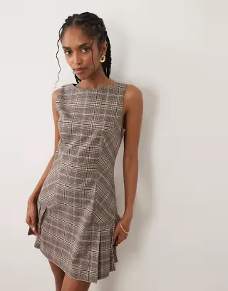 Nobody's Child tailored sleeveless pinafore kilt mini dress in pink plaid