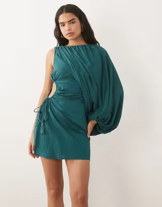 ASOS DESIGN one-shoulder blouson mini dress with cut-out waist in teal