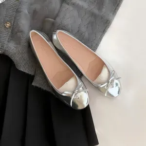 Brand Leather Round Toe Ballet Flats for Women - Silver Butterfly Bow Design - Comfortable Summer Shoes