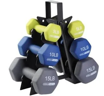 HolaHatha 5, 10 and 15 Pound Neoprene Dumbbell Free Hand Weight Set with Rack