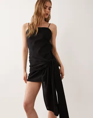 ASOS DESIGN cotton-linen blend sarong wrap mini sundress in black