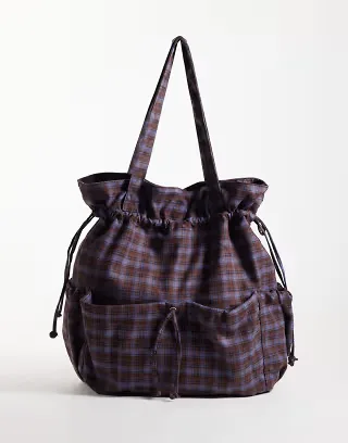 ASOS DESIGN ruched pocket tote bag in purple & blue plaid
