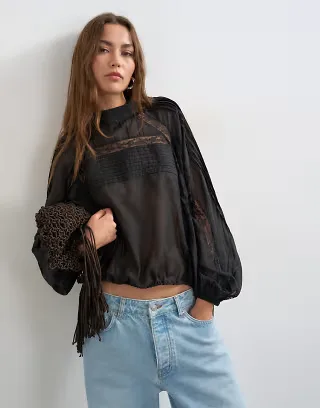 Topshop lace trim ruched side blouse in black