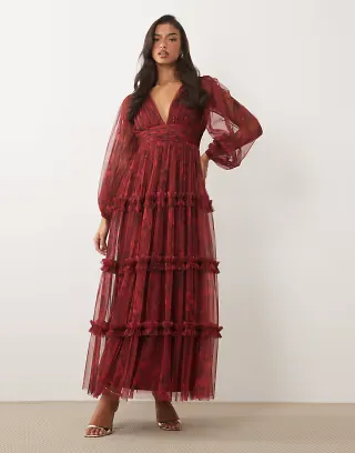 Lace & Beads tulle sheer balloon sleeve plunge neck tiered maxi dress in new floral