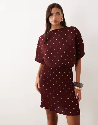 Never Fully Dressed Tilly off shoulder plisse mini dress in burgundy