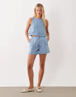 ASOS DESIGN denim pleat front short with cinch back detail in light wash - part of a set