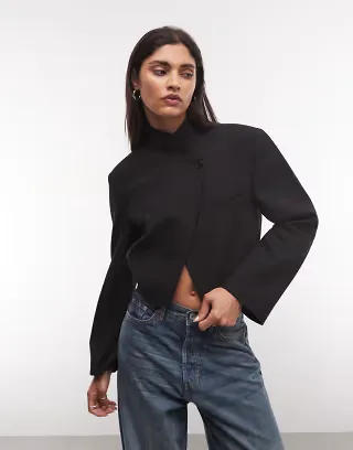 ASOS DESIGN wrap neck crop blazer jacket in black
