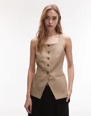 Topshop square neck longline vest in sand