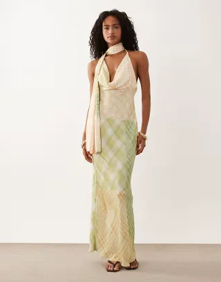 ASOS DESIGN satin scarf cowl neck maxi dress in plaid