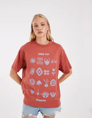 ASOS DESIGN oversized T-shirt with rising sun art graphic in rust