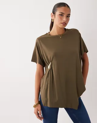 ASOS DESIGN oversized drapey T-shirt with hardware detail in khaki