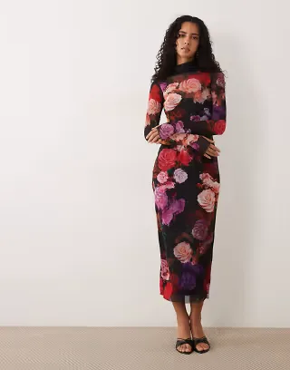 AFRM Shailene mesh long sleeve high neck midi dress in black floral print