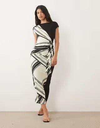 ASOS DESIGN contrast sarong skirt with draped tie front in black and off-white stripes - part of a set