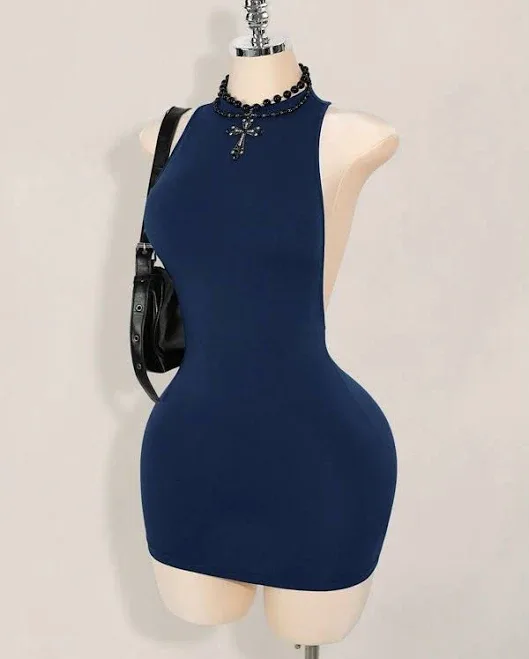 SHEIN Navy Blue Criss-Cross Backless Mini Dress Women's Bodycon Cocktail Slim Fit Round Neck Knitted Fabric Sexy Elegant