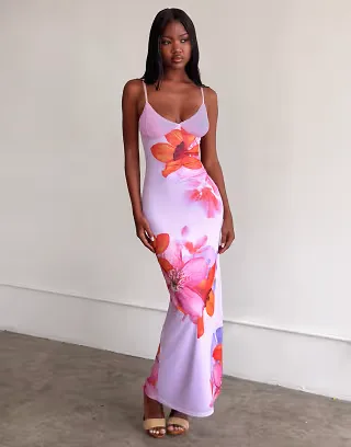 Tiger Mist Alaina cami slinky mesh maxi dress in lilac floral