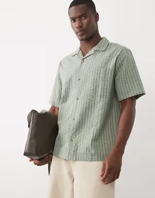 ASOS DESIGN relaxed seersucker striped shirt in green