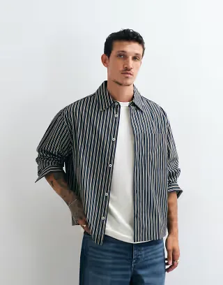 ASOS DESIGN boxy oversized poplin striped shirt in navy