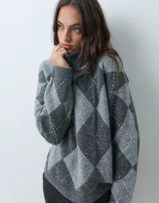 Brave Soul allover argyle print turtleneck sweater charcoal gray