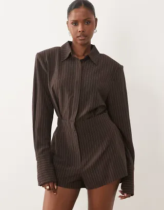 Noughts & Kisses shoulder pad tailored deep cuff romper in brown pinstripe