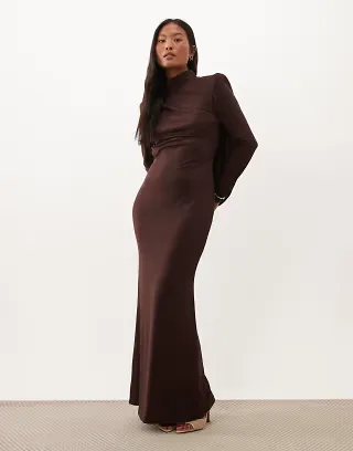 TFNC Petite slinky high neck draped back maxi dress in chocolate