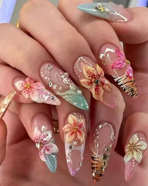 Multicolor 24pcs Almond Shaped Press On Acrylic Nails Designs 3D Embossed Matte Floral Ombre Tiger Print French Style Vi