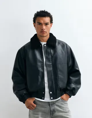 ASOS DESIGN faux leather flight jacket in black