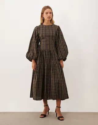Ghospell Tamara cotton round neck blouson sleeve midi dress in olive check