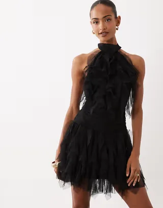 Lace & Beads halter neck tiered ruffle detailing tulle mini dress in black
