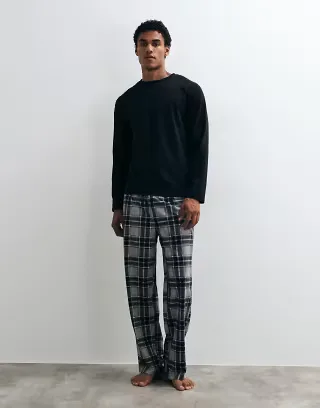 Loungeable long sleeved t-shirt and check trouser pyjama set in gray