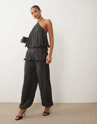 ASOS DESIGN plisse bubble pants with skirt overlay in charcoal