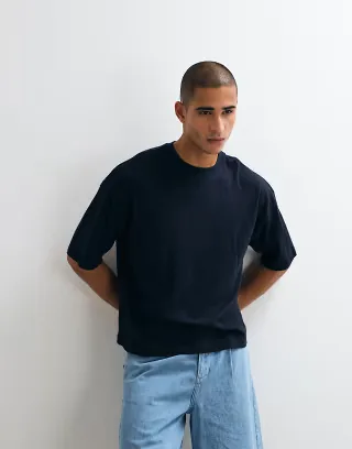 ASOS DESIGN boxy oversized T-shirt in navy with linen