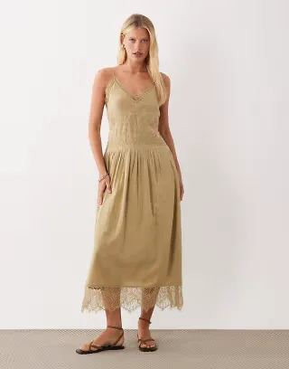 ASOS DESIGN cami maxi dress with lace inserts and tie straps in olive