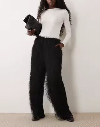 ASOS DESIGN fluffy wide leg pants in black