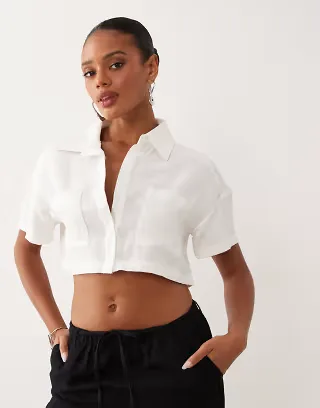 Missy Empire linen blend pocket front oversized sleeve cropped shirt in white