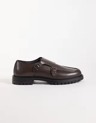 ASOS DESIGN two strap monk shoes with cleated sole in brown leather