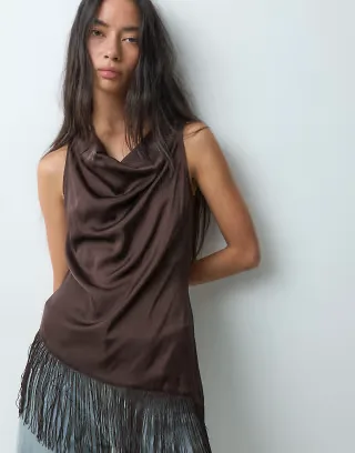 Noisy May fringes detail satin top in brown