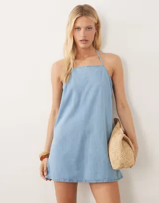 ASOS DESIGN high neck denim shift mini dress in bleach wash