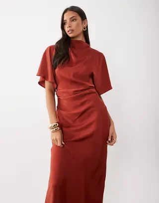 ASOS DESIGN satin high neck blouson maxi dress with flutter sleeve in red