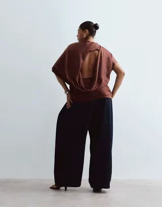 ARRANGE Curve satin cowl open back minimal top in chocolate
