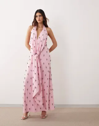ARRANGE embellished plunge tie halter maxi dress in pink