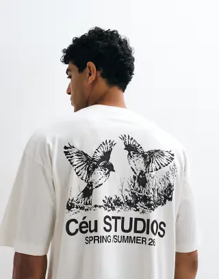 ASOS DESIGN boxy oversized T-shirt with bird graphic in cream