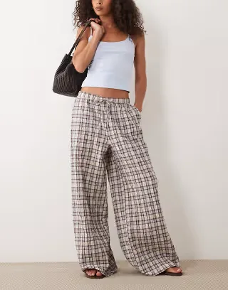 ASOS DESIGN pull on pants in brown plaid - part of a set