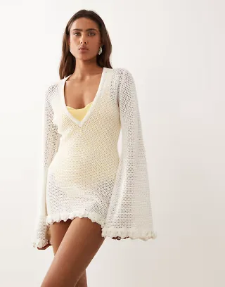 The Frolic exclusive cotton blend crochet plunge flower trim beach mini dress in cream